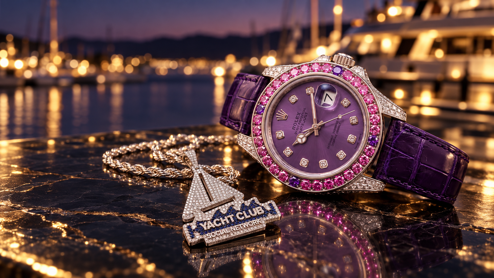 Purple gemstone watch and Yacht Club pendant in a marina setting