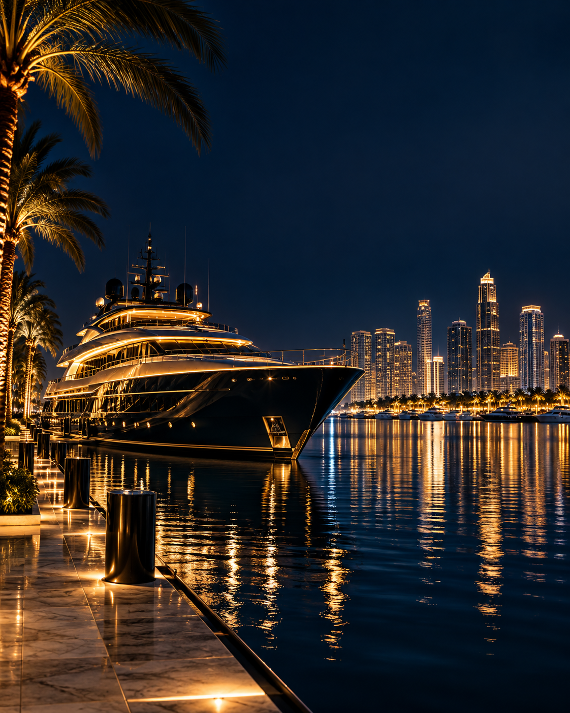 Luxury yacht and marina at night